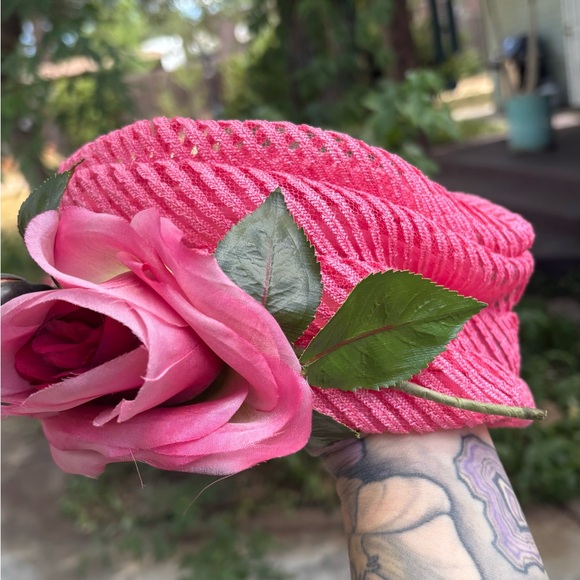 Vintage 50s Pink Woven Pillbox Rose Hat - Picture 7 of 7